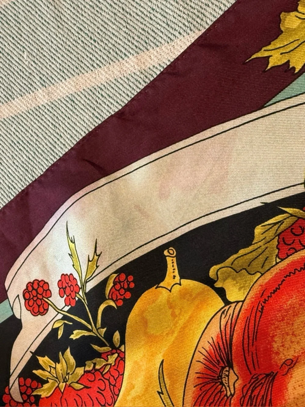 VTG June Critchfield silk scarf, fruit print, Heinz's Apple Butter 1989 drawing